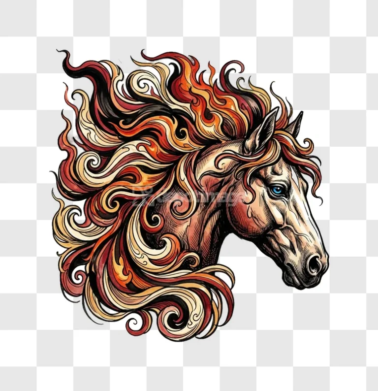 Watercolor Stylized Horse Flame Mane Blue Eye