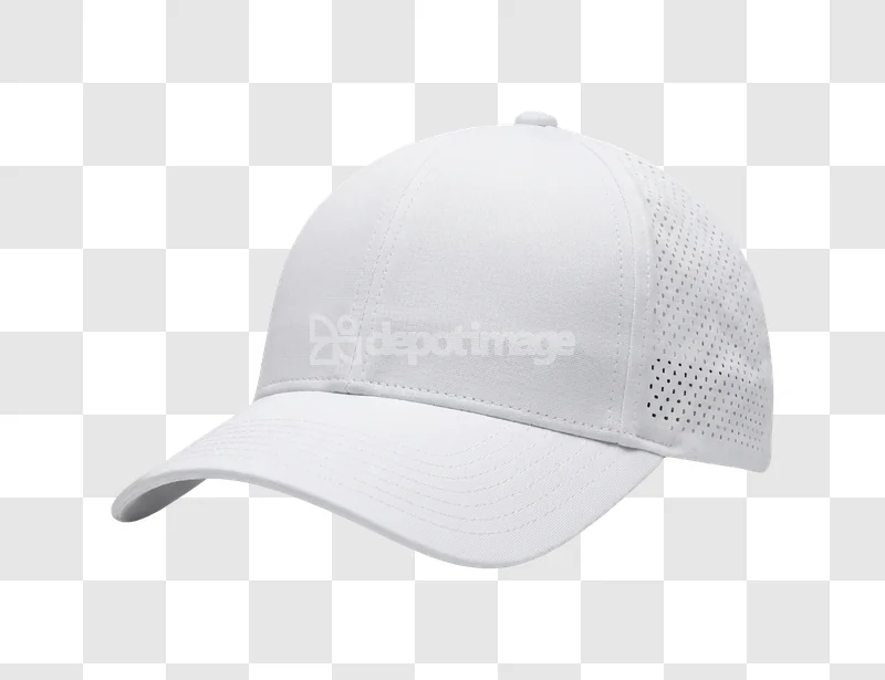 White Baseball Cap Angled Flat Lay with perforated side panels transparent background