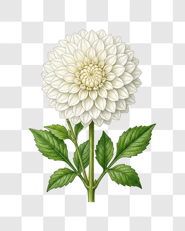 White Dahlia Flower Green Stem Leaves