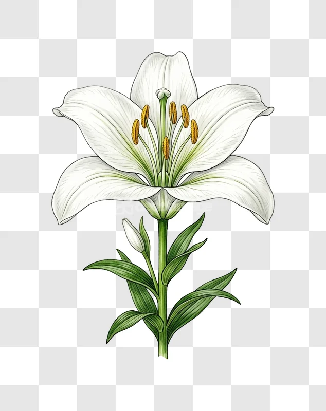 White Lily Flower Blooming Green Leaves