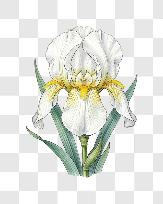 White Yellow Iris Flower Botanical Illustration