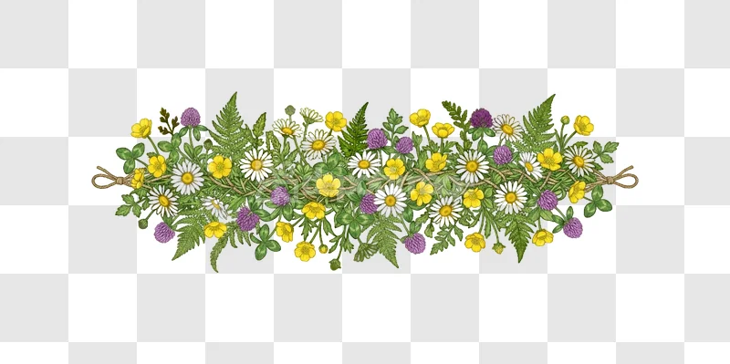 Wildflower Buttercup Clover Fern Border Design detailed botanical transparent PNG