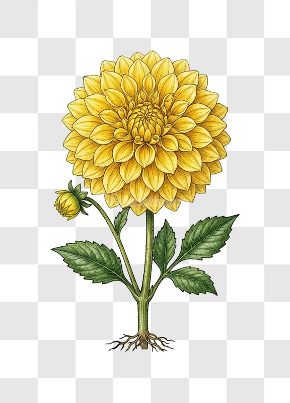 Yellow Dahlia Flower Botanical Illustration