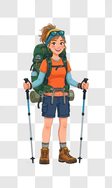 Young Woman Hiker Backpack Hiking Poles