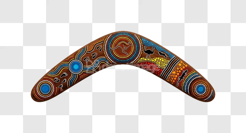Aboriginal Art Boomerang Dot Painting Colorful intricate dot patterns, animal motifs, brown wood