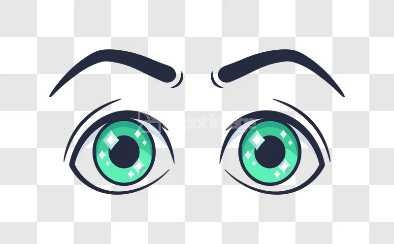 Anime Eyes Green Blue Sparkling Cute: vibrant green-blue, sparkling highlights, dark brows.