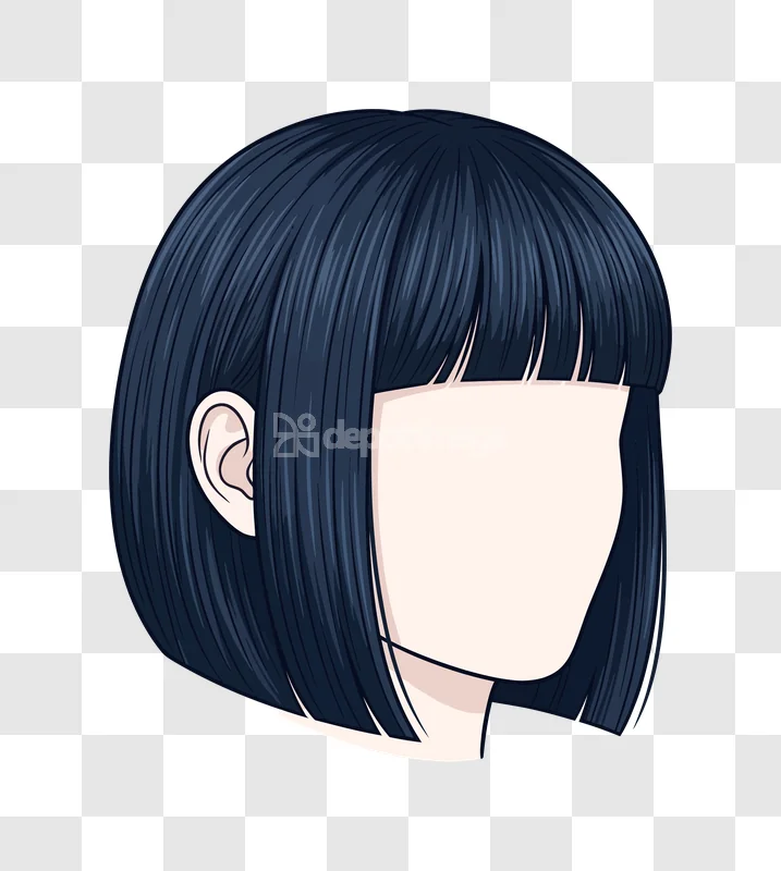 Anime Girl Short Dark Hair Ear: stylized illustration, dark blue hair, light skin, ear visible