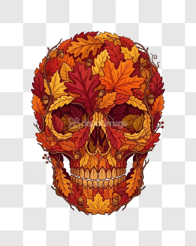 Autumn Leaves Halloween Skull Colorful: vibrant fall foliage, acorns, berries, intricate design.