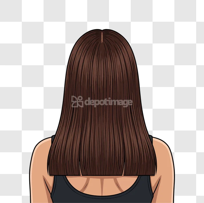 Back View Woman Brown Hair Straight: cartoon illustration, dark brown, shoulder length