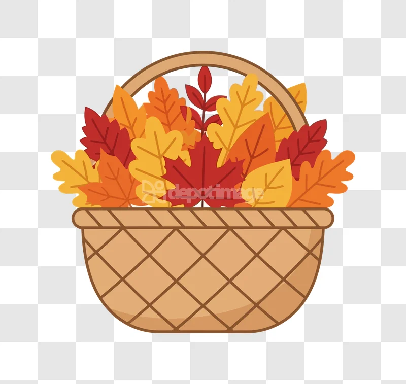 Basket Fall Leaves Cartoon Illustration, vibrant autumn leaves woven basket