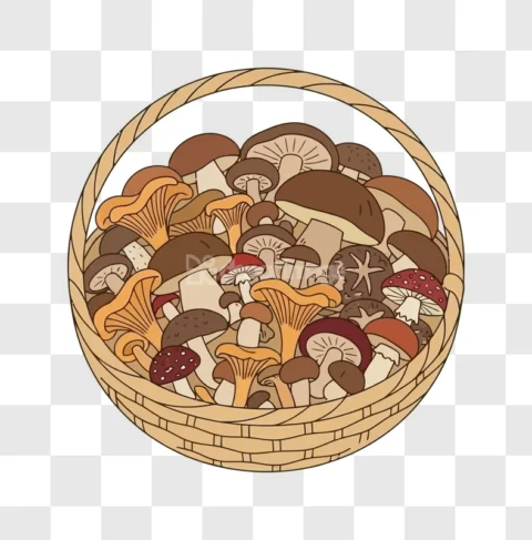 Basket of Various Mushrooms Cartoon Illustration