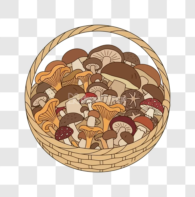 Basket of Various Mushrooms Cartoon Illustration colorful detailed cartoon style