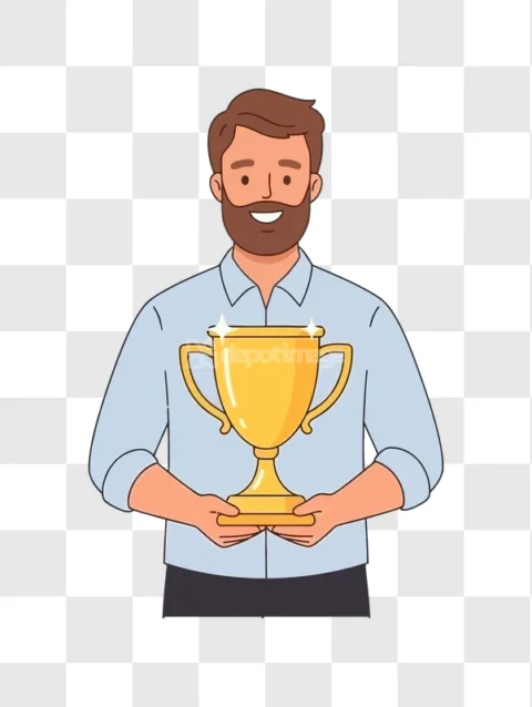 Bearded Man Holding Golden Trophy Vector