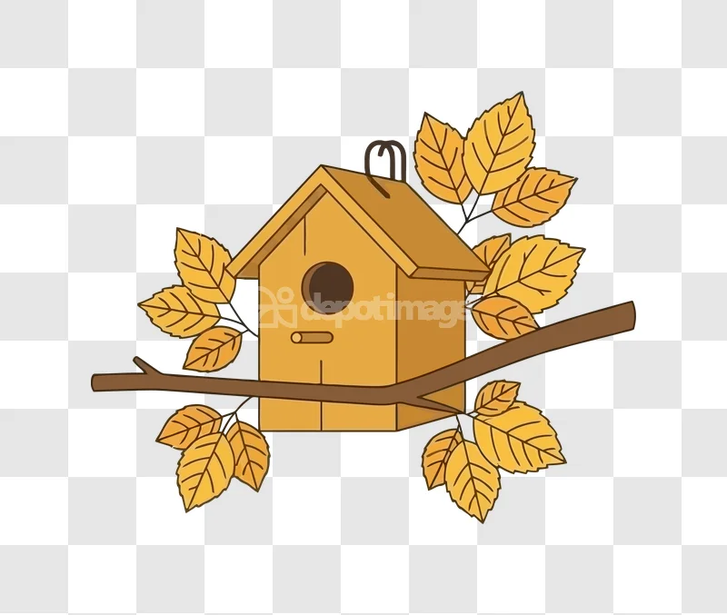 Birdhouse Autumn Leaves Vector Illustration, flat cartoon style transparent background