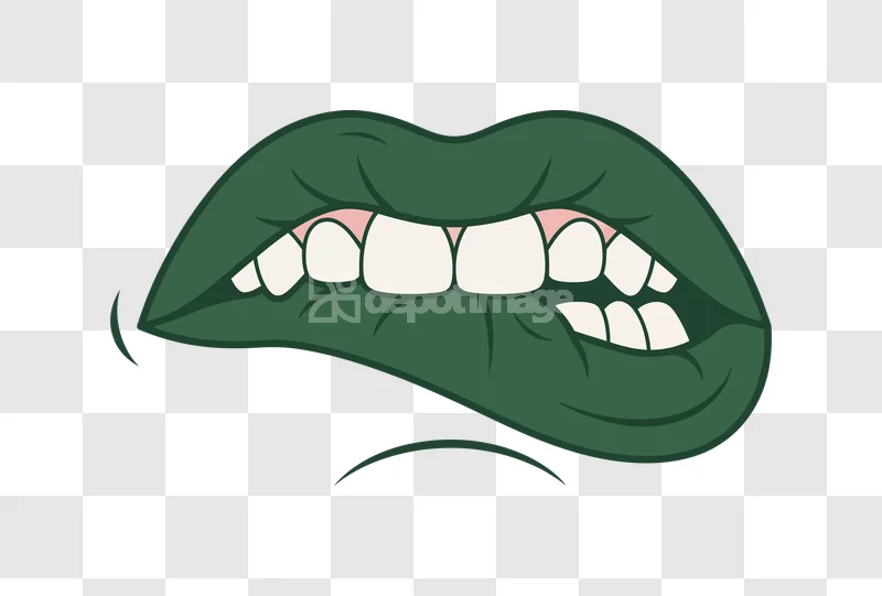 Biting Green Lips Teeth Cartoon: cartoon style, dark green, open mouth