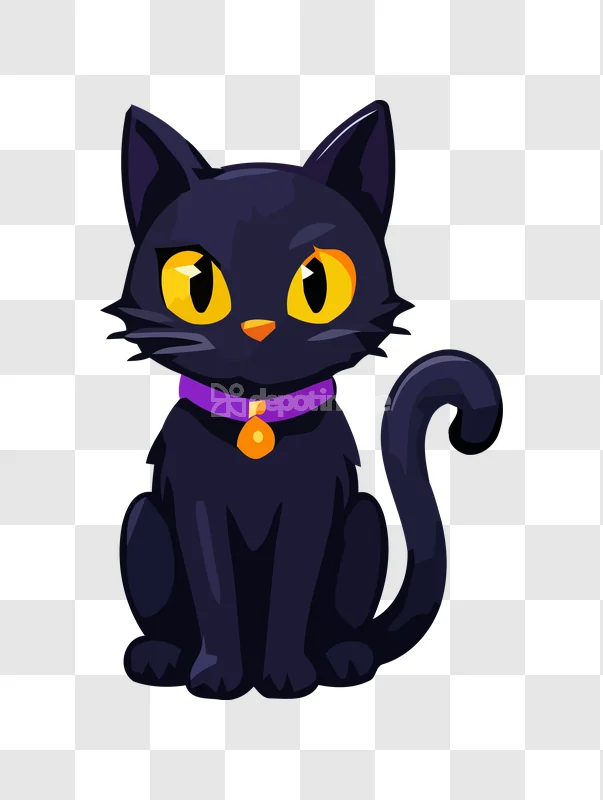 Black Cat Halloween Purple Collar cartoon style dark purple eyes