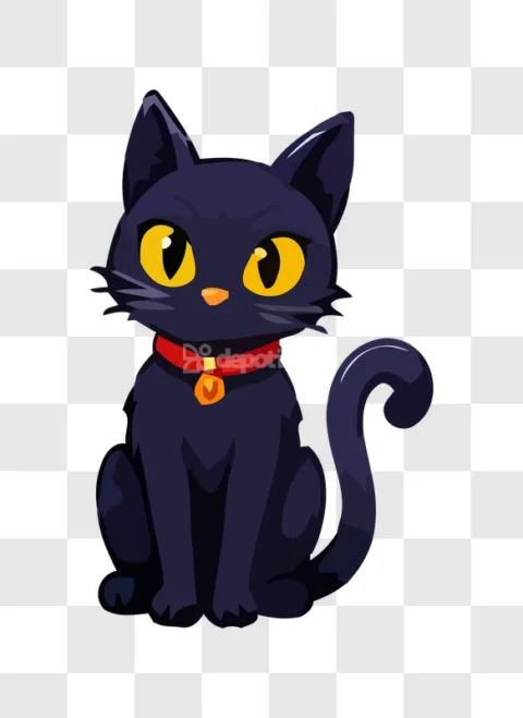 Black Cat Red Collar Yellow Eyes Cartoon Art