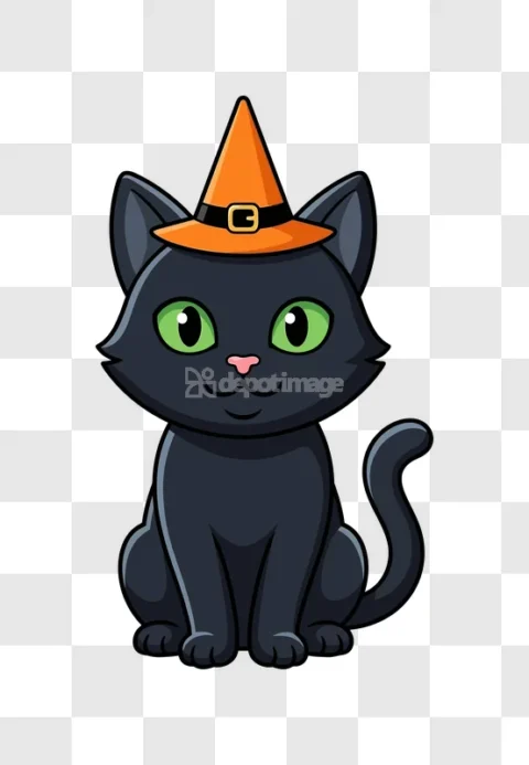 Black Cat Witch Hat Halloween Cartoon