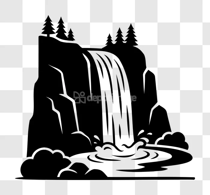 Black White Waterfall Mountain Trees black and white graphic