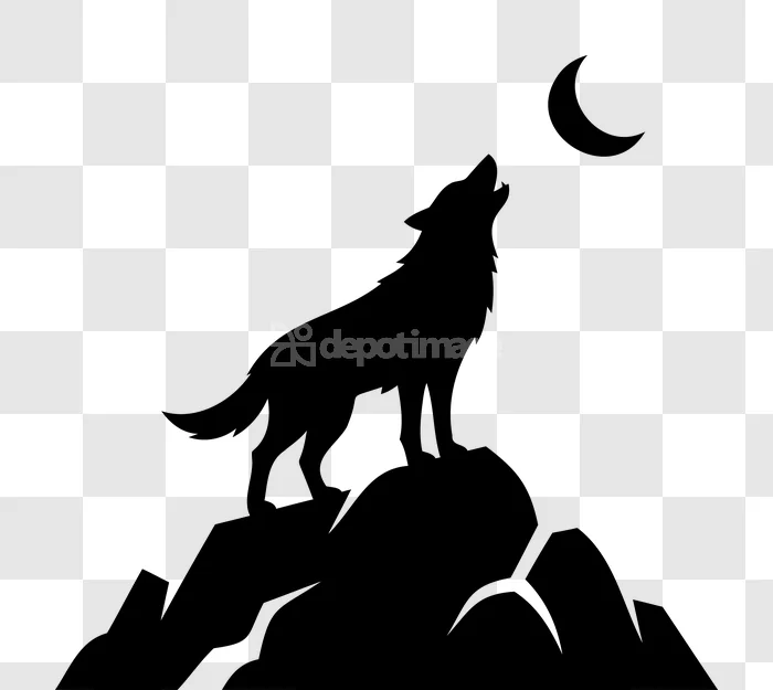 Black Wolf Howling at Crescent Moon Silhouette