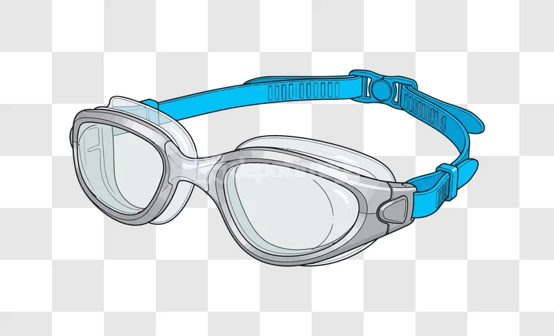 Blue Grey Swimming Goggles Equipment, clear lenses, blue strap, transparent background