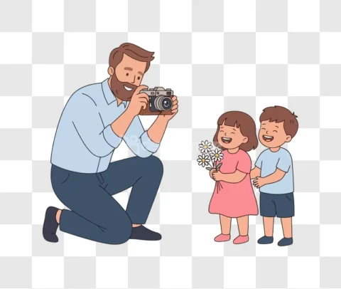 Cartoon Dad Photographing Happy Kids