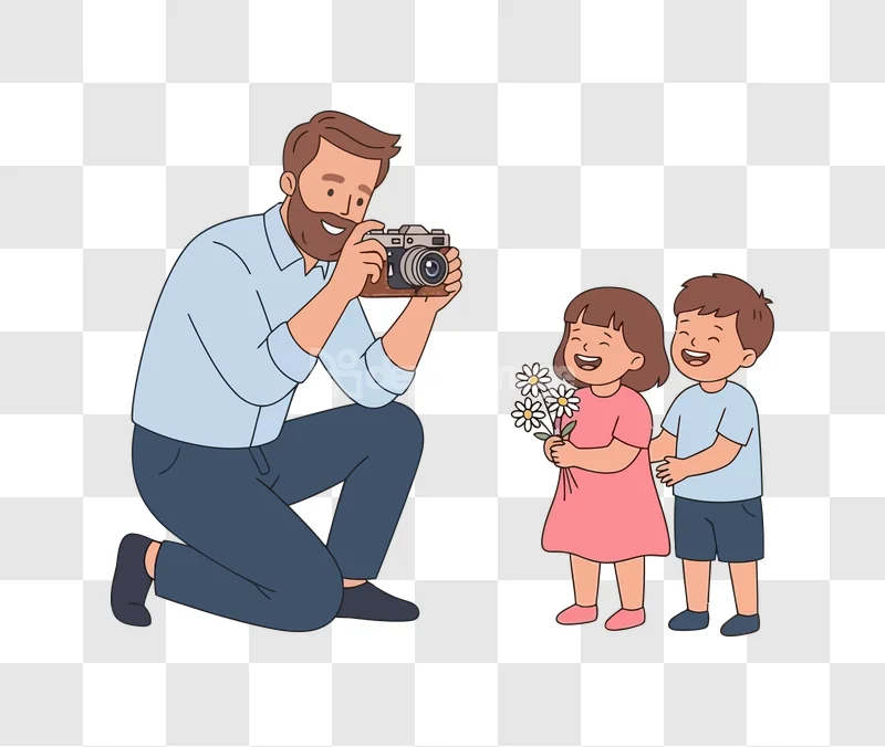 Cartoon Dad Photographing Happy Kids, flat cartoon style transparent background
