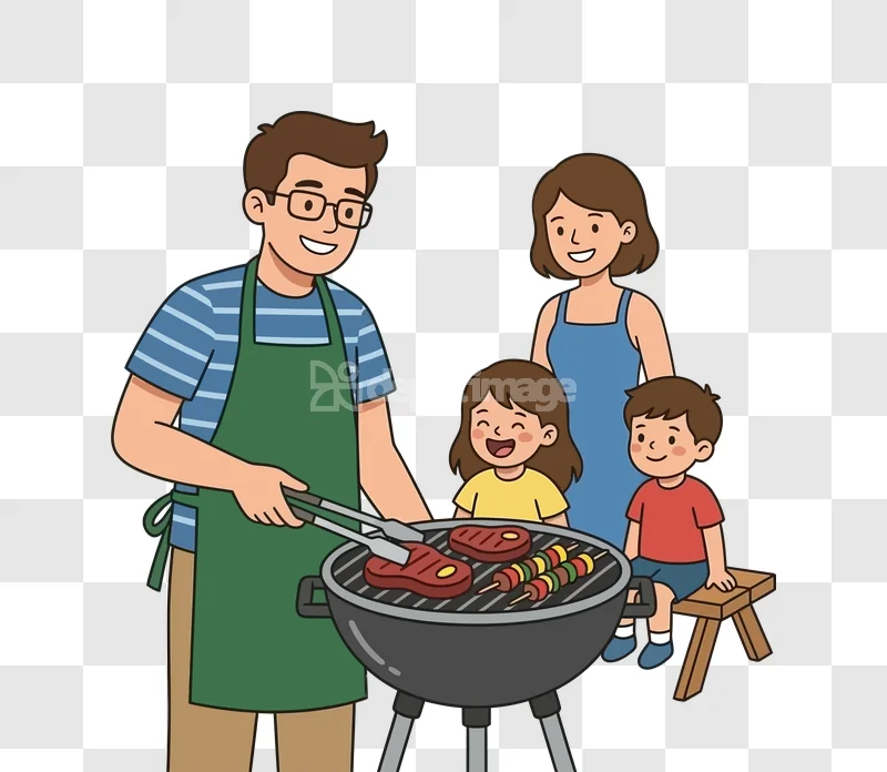 Cartoon Family Barbecue Grill Cooking Meat Kids cheerful illustration transparent background