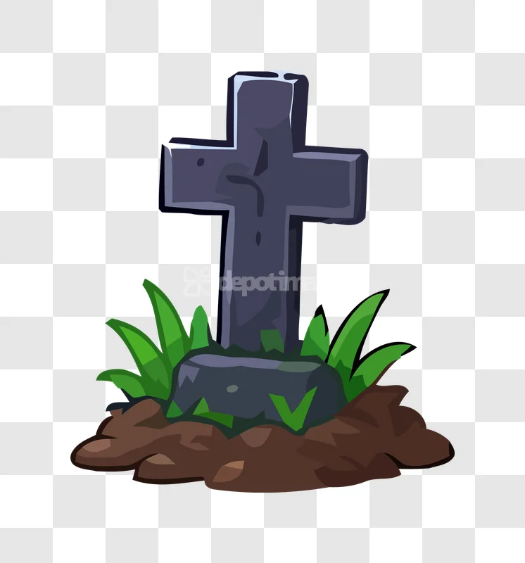 Cartoon Gravestone Cross Earth Grass stylized dark gray stone, green grass, brown earth