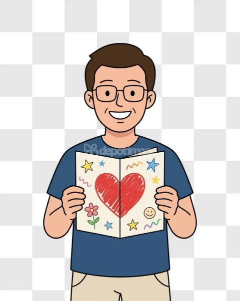 Cartoon Man Holding Card Heart Stars