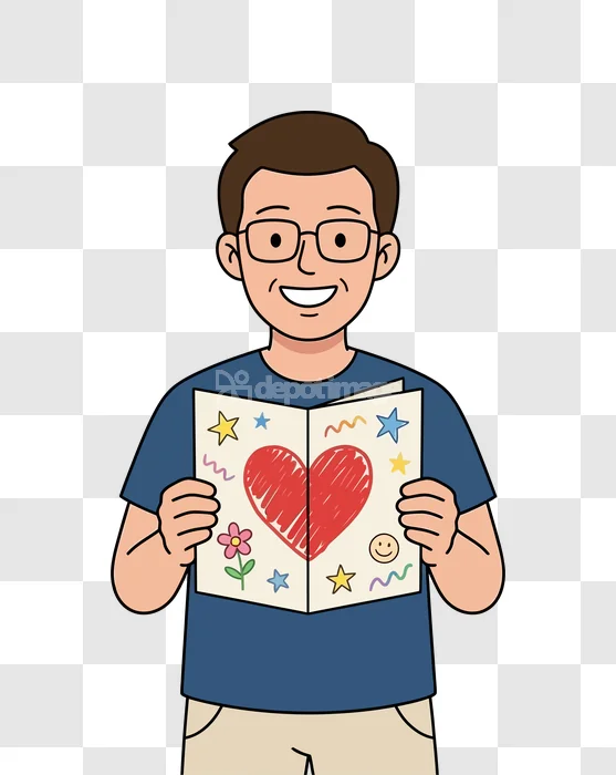 Cartoon Man Holding Card Heart Stars cartoon style transparent background