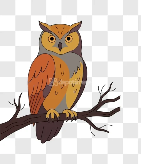 Cartoon Owl Perched on Branch Vector