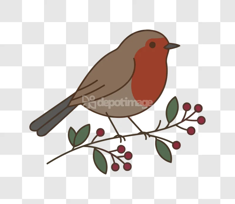 Cartoon Robin Red Breast Branch cartoon style brown red transparent