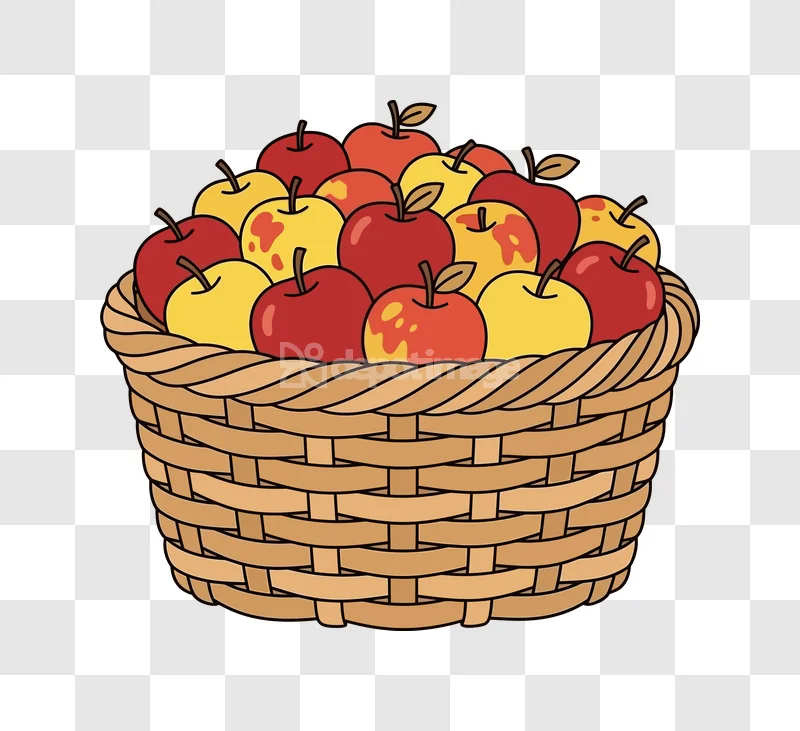 Cartoon Wicker Basket Red Yellow Apples woven brown basket, red yellow apples