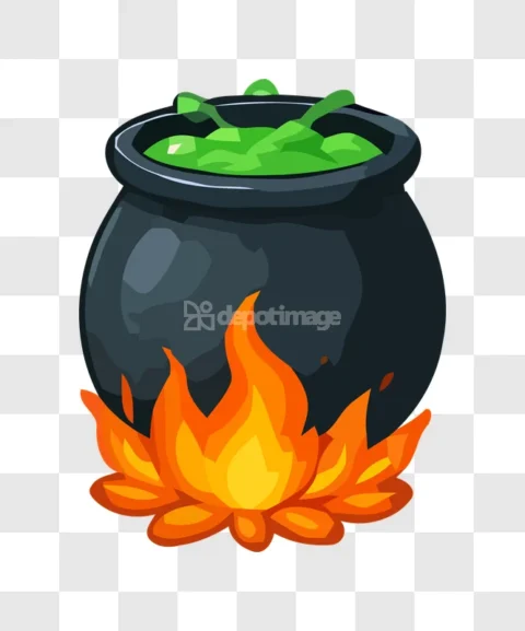 Cartoon Witch Cauldron Green Potion Fire