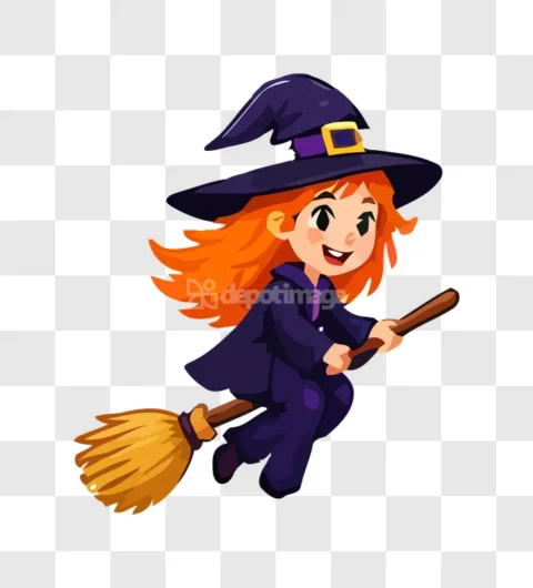 Chibi Witch Flying Broom Red Hair