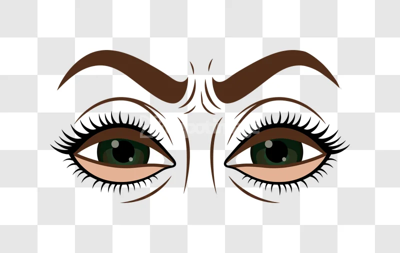 Closeup Angry Eyebrows Green Eyes, cartoon style, brown brows, dark background