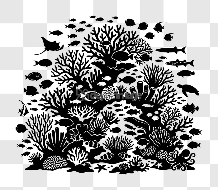 Coral Reef Fish Sea Animals Silhouette black outline transparent background