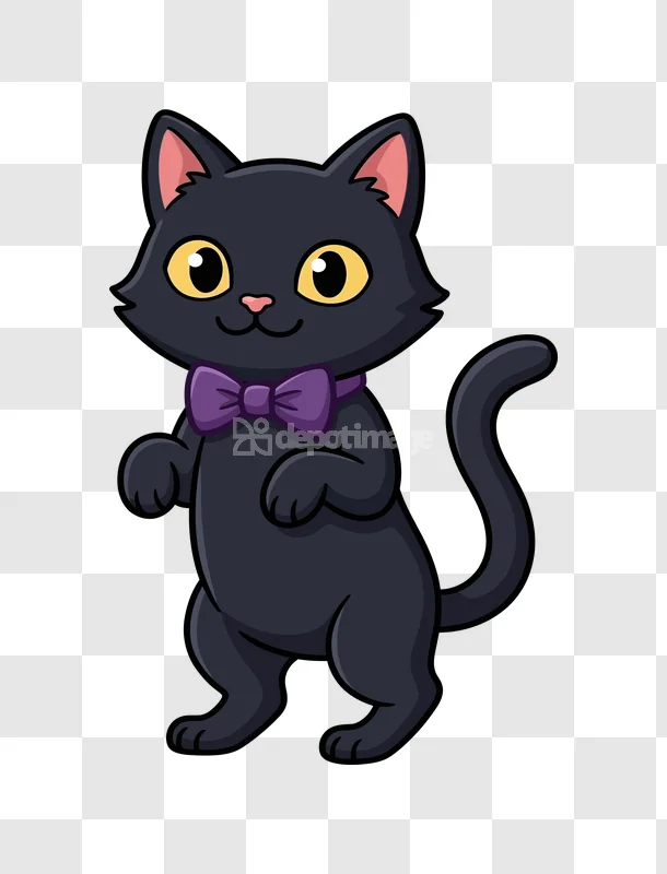 Cute Black Cat Halloween Bow Tie Cartoon: stylized black cat, purple bow tie, yellow eyes