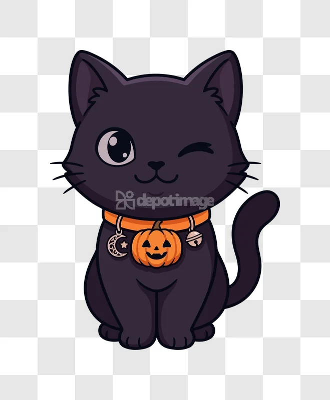 Cute Black Cat Halloween Pumpkin Collar, cartoon style, dark gray, winking eye, pumpkin charm