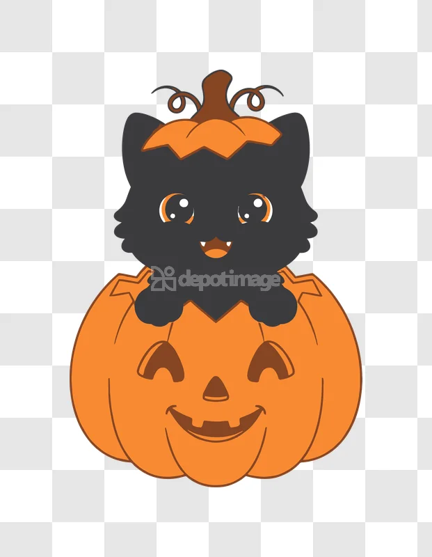 Cute Black Cat Pumpkin Halloween Cartoon Illustration playful orange black