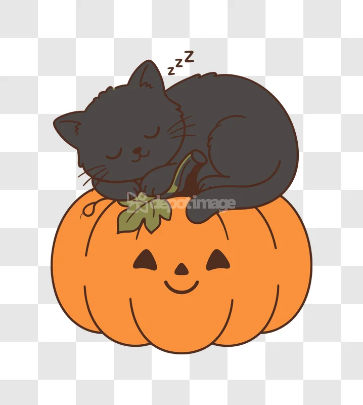 Cute Black Cat Sleeping Halloween Pumpkin Cartoon cartoon style transparent background