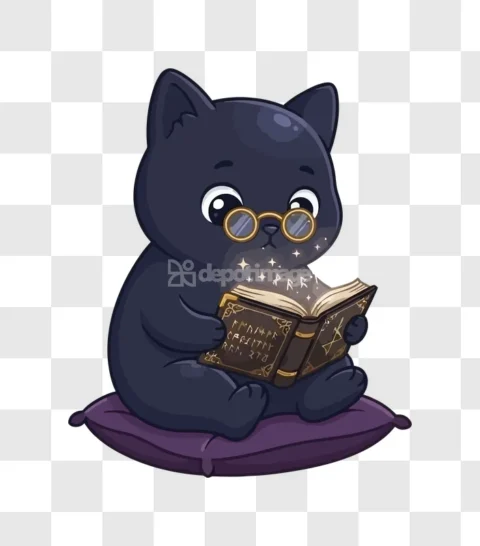 Cute Black Cat Witch Reading Magic Spell Book