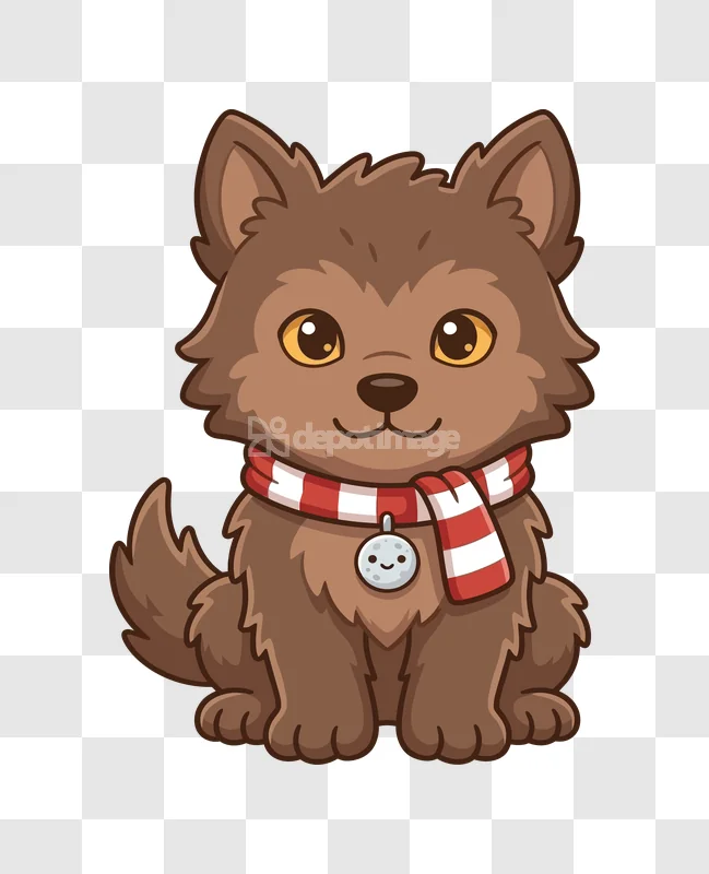 Cute Chibi Werewolf Pup Halloween Scarf, brown fluffy, red striped scarf, cartoon style