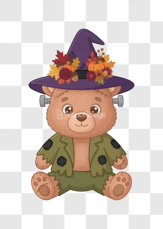 Cute Frankie Bear Halloween Witch Hat Autumn Decor watercolor style transparent background