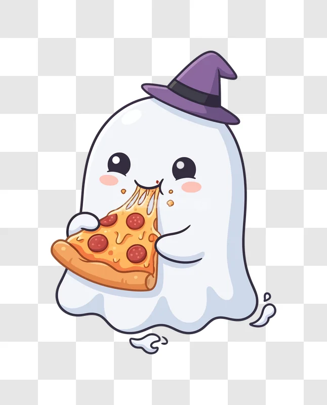 Cute Ghost Eating Pepperoni Pizza Halloween Witch Hat cartoon style transparent background