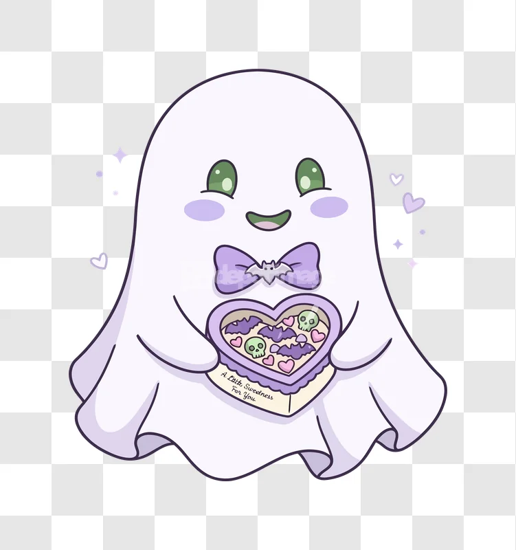 Cute Ghost Halloween Candy Box Spooky: cartoon ghost, purple bow, green eyes, holding candy box.