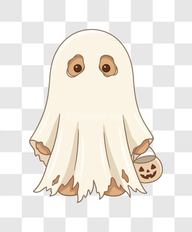 Cute Ghost Halloween Costume Trick Treat: cartoon, friendly, white, holding pumpkin bucket