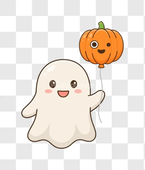 Cute Ghost Holding Halloween Pumpkin Balloon