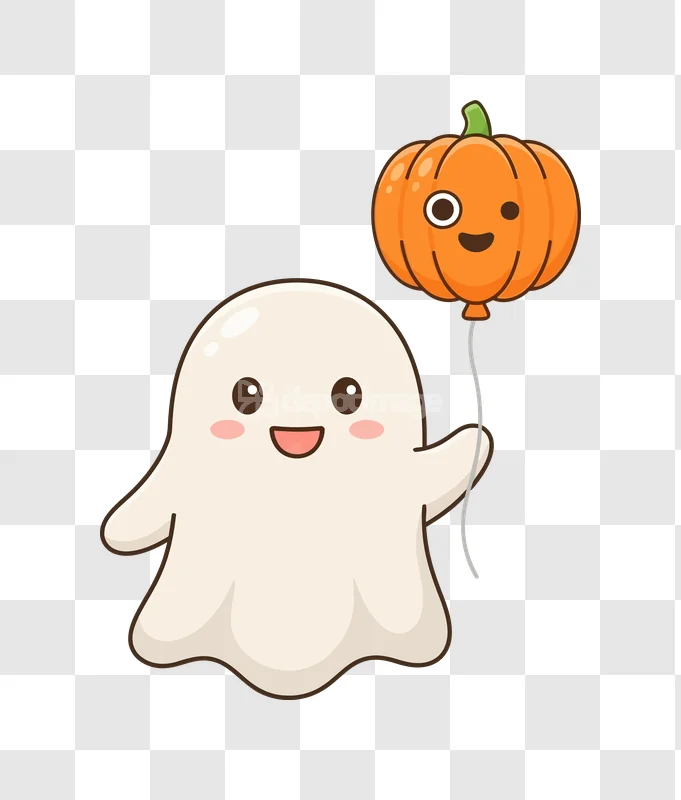 Cute Ghost Holding Halloween Pumpkin Balloon cartoon style transparent background